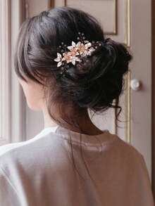 1件女款優雅手工合金葉片軟黏土花朵仿珍珠髮梳 新娘頭飾 婚禮派對用 - 玫瑰金粉色 - View 4