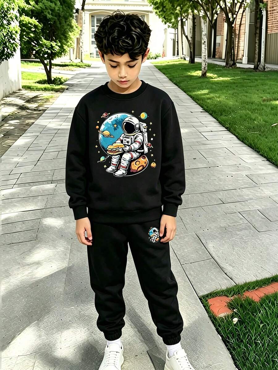 Conjunto de sudadera y pantalón de chándal con estampado de dibujos animados para niños pequeños - Negro - Ver 1
