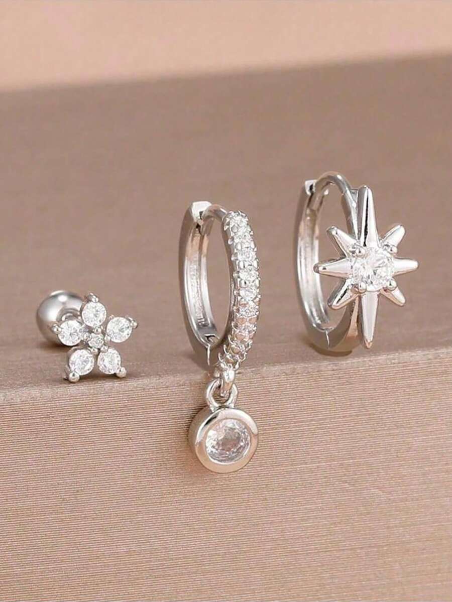 3件組時尚星形鋯石疊戴耳釘，18K鍍金不鏽鋼，鑲嵌立方鋯石，獨特花星耳釘，適用於耳輪、耳屏、耳廓、耳垂，適合女性與女孩 - 銀-白-3pcs - 查看 1