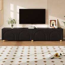 Modern Low TV Stand With Embossed Moldings, 4 Doors, Metal Legs - 黑色 - 查看 4