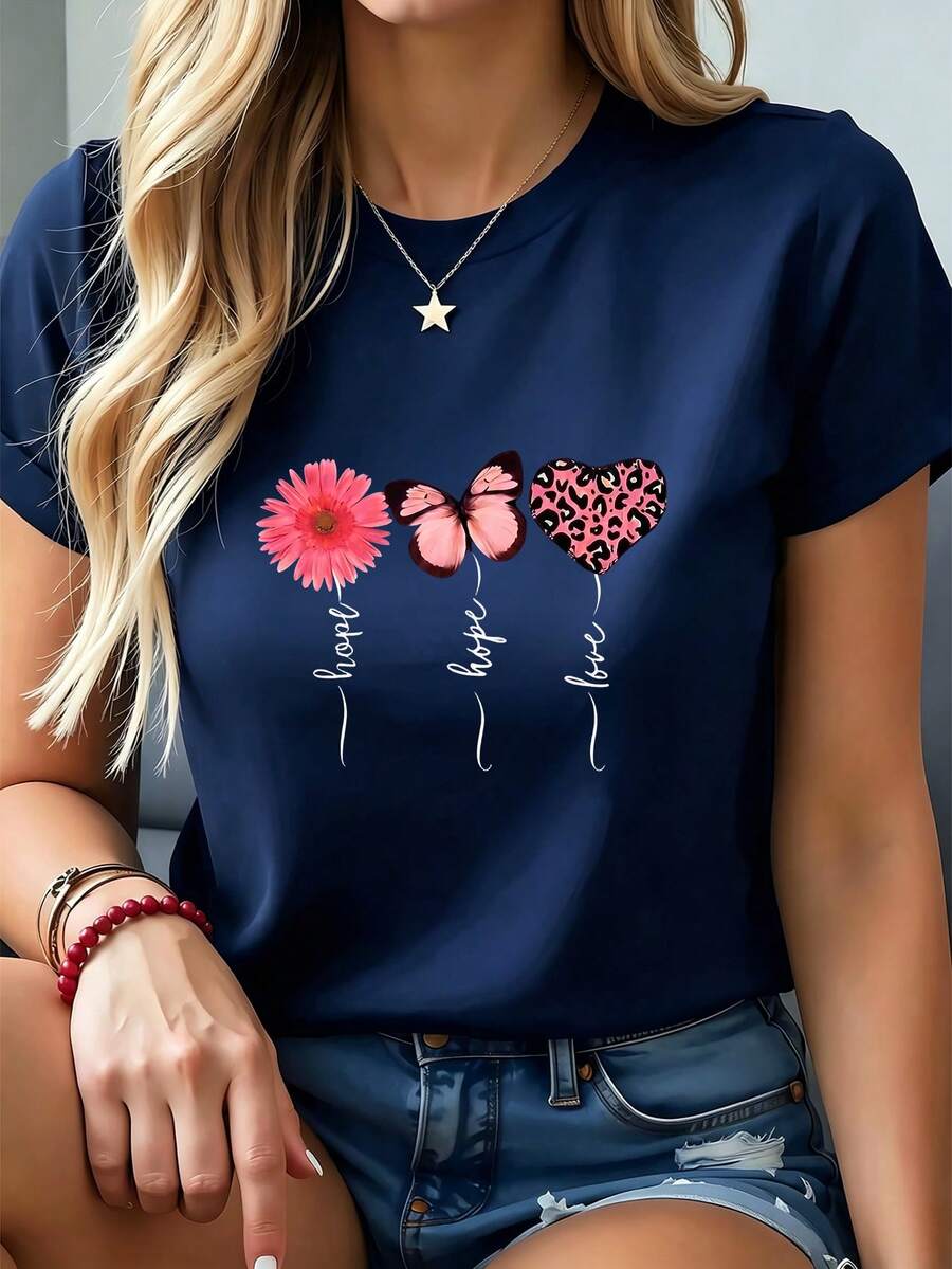 Women's Short-Sleeved T-Shirt, A New Summer Garment With A Print And Round Neck. A Basic, Comfortable, And Lightweight Style, It's Youthful, Goes With Everything, And Is Ideal For Casual Looks. - 藏蓝色 - 查看 1