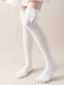 1 Pair Cotton Bow Girls Socks, Cute Children's Mid-Calf Socks, Spring Summer Autumn Girls Ruffle Socks, Princess Socks - White - View 2