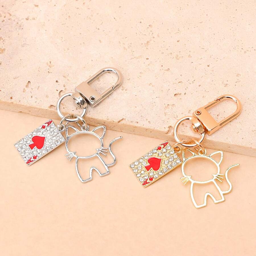 1pc Women's Framed Cat Pendant Rhinestone Embellished Faux Playing Card Keychain Creative Bag Charm - Multicolor - View 1