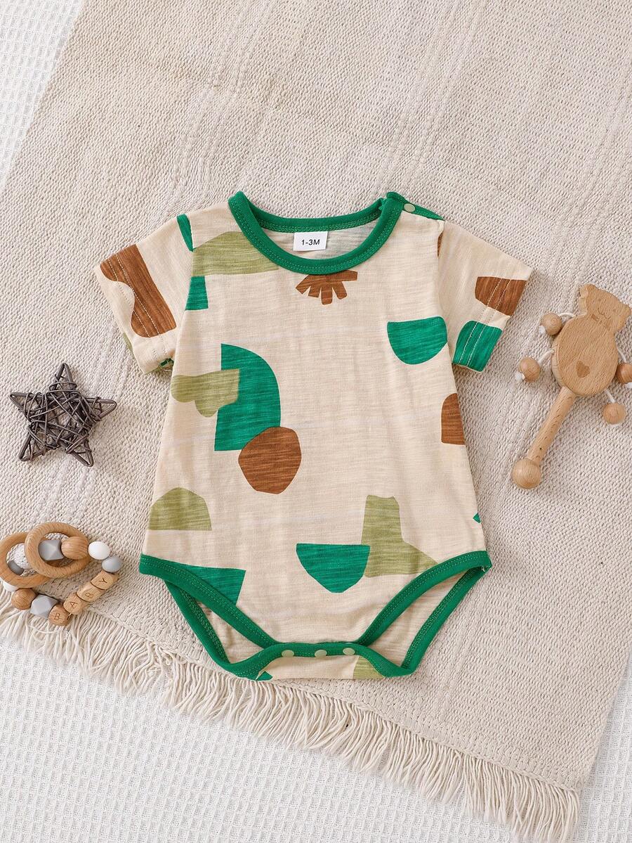 Baju Bayi Lengan Pendek Motif Geometris, Serat Bambu Bernapas, Bodysuit Segitiga untuk Bayi Baru Lahir Musim Panas - Aprikot - View 1