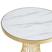 60cm Round Marble Texture Small Table, Gold Shaped Steel Base, Glossy Tabletop, Suitable For Living Room/Dining Room/Coffee Corner - White - View 5