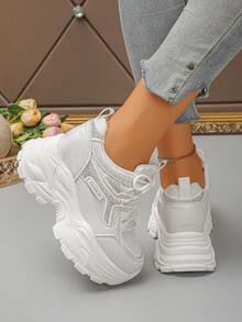 Women's Wedge Thick Sole Athletic Shoes Lace-Up Mesh Patchwork Chunky Sneakers Inner Height Increase Casual Shoes - White - View 7