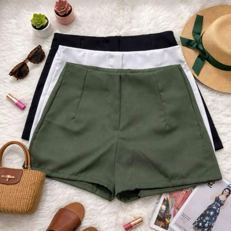 Set Of 3 Women's Tailored High-Waisted Dress Shorts, Elegant, Casual, Summer Fashion, Work, Office - 軍綠色/白色/黑色 - 查看 1
