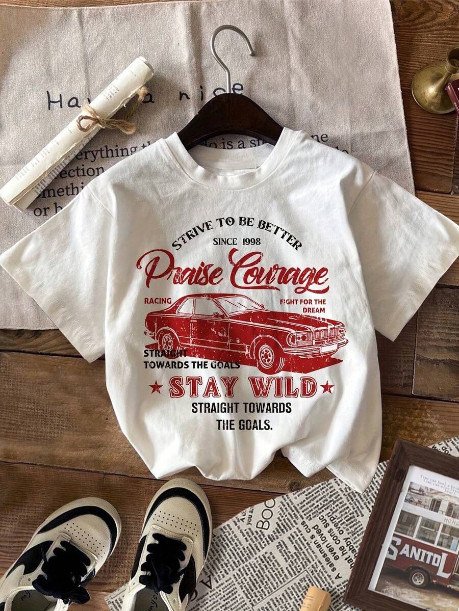 Camiseta de Verano Y2K para Mujer, Estilo Europeo y Americano, Casual, Deportiva, con Estampado de Coche, Cuello Redondo - Blanco - Ver 1