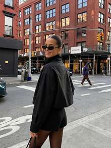 Women's Black Utility Style Cropped Stand Collar Jacket - Black - View 5