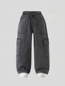 1 pezzo Jeans in denim casual da ragazzo, con design cargo a gamba larga e morbida, nuovo arrivo estate 2025 - Grigio Scuro - Visualizzare 1