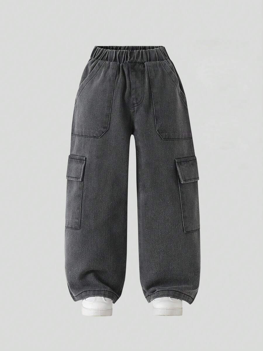 1 pezzo Jeans in denim casual da ragazzo, con design cargo a gamba larga e morbida, nuovo arrivo estate 2025 - Grigio Scuro - Visualizzare 1