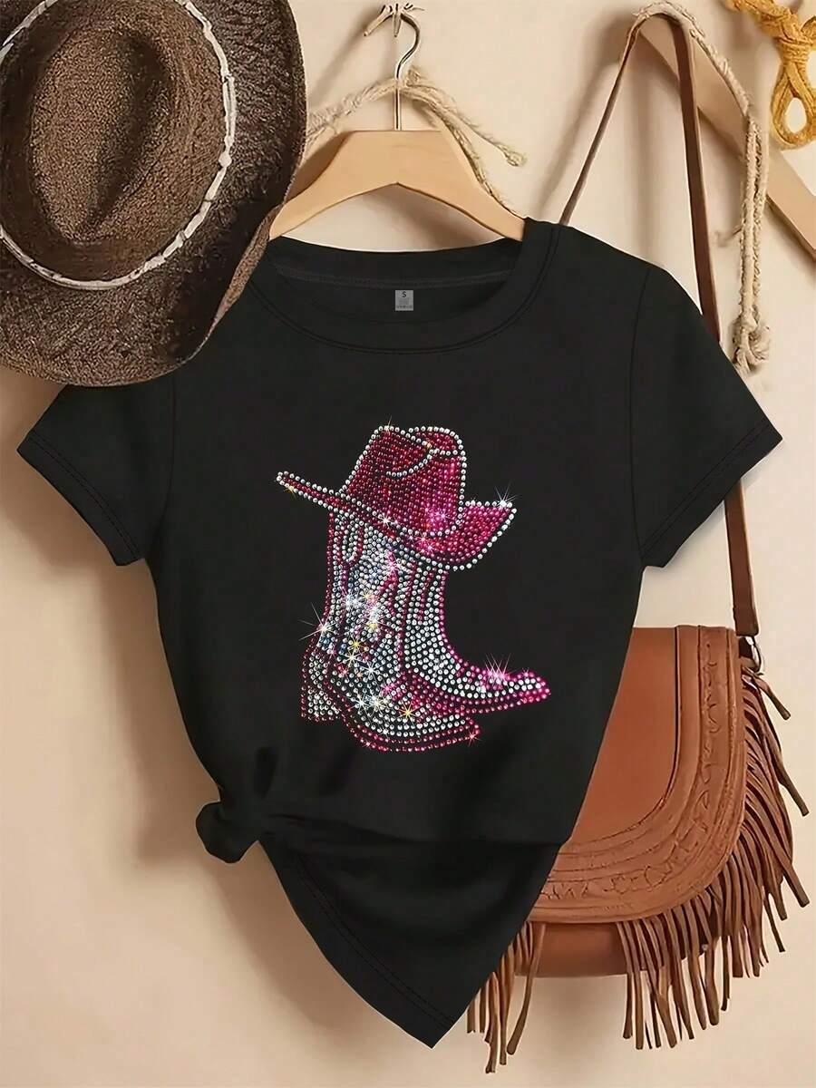 Black T-Shirt With Glittery And Rhinestone Western Design. Comfortable Fit, Perfect For Outings, Country Music Festivals And Themed Events. - 黑色 - 查看 1