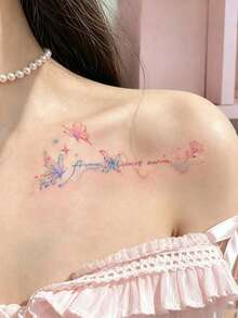 1 Pc Rainbow Watercolor Butterfly Script Lettering Temporary Tattoo, Waterproof Curved Collarbone Fake Tattoo, Romantic Floral Star Body Art For Shoulder & Clavicle - Multicolor - View 4