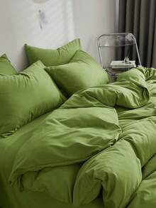Solid Green Skin-Friendly Brushed Duvet Cover Set 3pcs (1*Duvet Cover + 2*Pillowcases, No Filling), Machine Washable, All Seasons, Suitable For Bedroom, Soft And Comfortable - Green - View 7