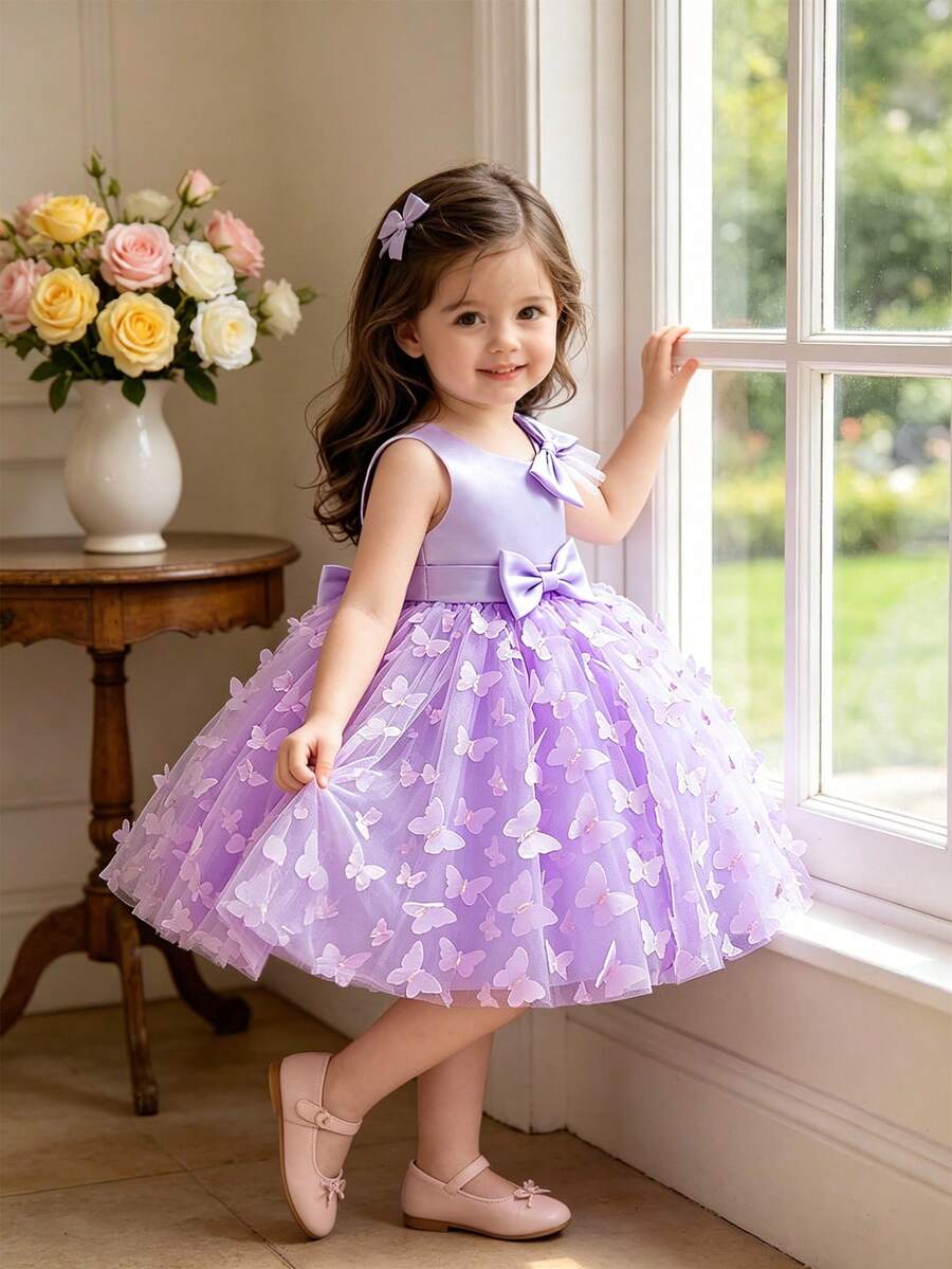 Baby Girl Sleeveless Butterfly Applique Tulle Puff Dress, Suitable For Wedding Flower Girl, Does Not Include Headband - Mauve Purple - View 1
