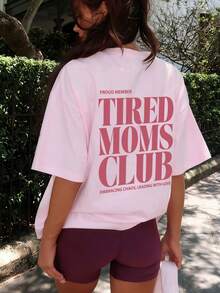 1件女款夏季寬鬆休閒短袖T恤上衣，INS Y2K 慵懶運動風「TIRED MOMS CLUB」圖案印花T恤，粉色 - 粉色 - 查看 5
