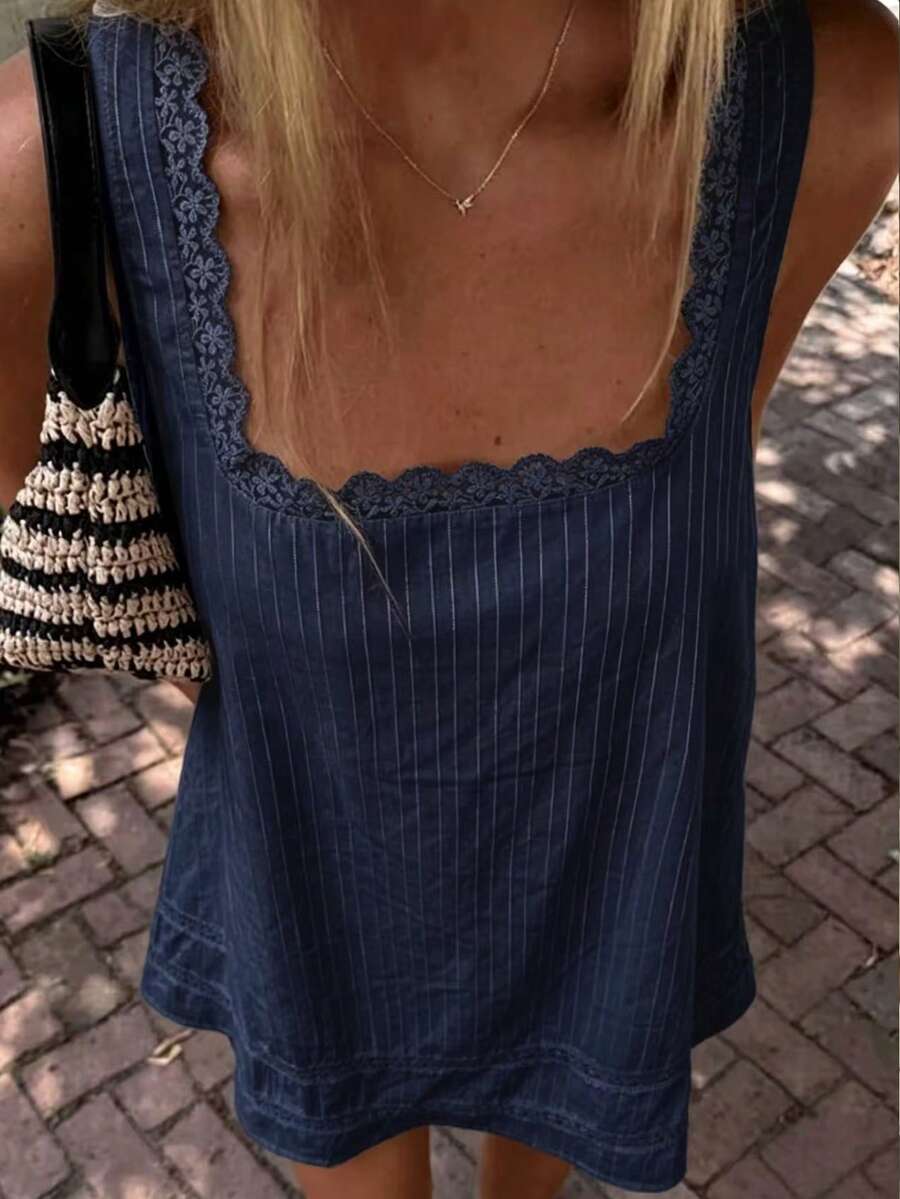 1 pieza Vestido mini elegante de unicolor con encaje de tela tejida y volante en el bajo, vestido de playa para mujer para primavera/verano - Azul Marino - Ver 1