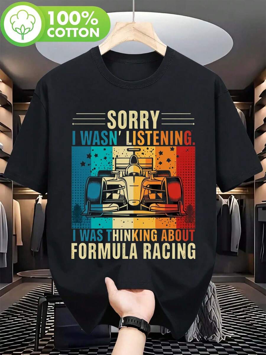 Camiseta Retro de Fórmula 1 para Hombre |   Lo Siento, No Estaba Escuchando, Estaba Pensando en la Fórmula 1, Camiseta Gráfica de Manga Corta con Cuello Redondo, Top Casual con Diseño Audaz - Negro - Ver 1