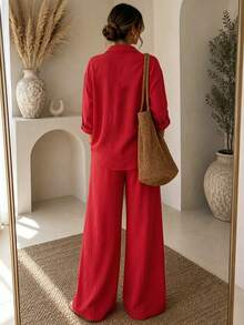 Women's Solid-Color Fall Casual Resort Set: Two Pieces Set Featuring A Collared, Front-Buttoned Blouse And High-Waisted Straight-Leg Pants With Drawstr - Red - View 5