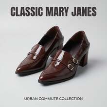 Glossy Patent Leather Pointed Toe Chunky Mid-Heel Loafers Women's Non-Slip Easy To Clean Office Daily Shoes 2 Colors - Burgundy - View 6