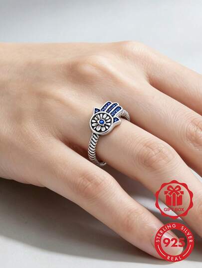 1pc Original Vintage 925 Sterling Silver Plated Hamsa Hand Evil Eye Protection Ring, Women's Vintage Twisted Inlaid Blue Cubic Zirconia Fatima Hand Protection Charm Ring, Minimalist Exquisite Turkish Evil Eye Jewelry, Bohemian Miriam Hand Lucky Charm Ring, Daily Casual Accessory, Suitable As Birthday/Anniversary/Valentine's Day/Party/Wedding Gift For Mother/Girlfriend/Sister, Fashion Jewelry For Young Girls And Women