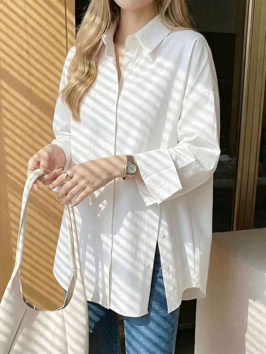 Women's Solid Color Single-Breasted Casual Versatile Daily Wear Shirt - White - View 1