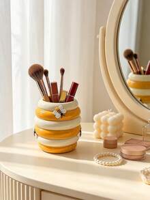 1pc Honey Pot Shaped Resin Makeup Brush Holder, Asymmetric Surface Embossed Design, Multifunctional Desktop Decor, Mini Ceramic Vase & Storage Box, Suitable For Living Room, Bedroom And Office - Multicolor - View 8