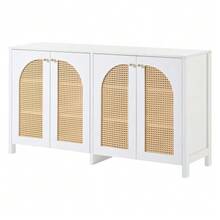 Modern Minimalist Sideboard With 4 Rattan Doors And Metal Handles; Simple Storage Unit For Dining Room, Living Room Or Kitchen (White) - 白色 - 查看 2