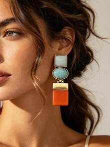 1 Pair European And American Vintage Contrast Color Alloy Geometric Patchwork Dangle Earrings, Unique Gradient Niche Korean Style Lightweight Luxury Fashion Earrings - Geometric Patchwork Earrings - View 1