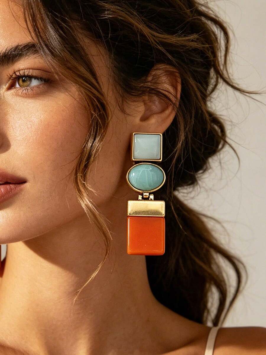 1 Pair European And American Vintage Contrast Color Alloy Geometric Patchwork Dangle Earrings, Unique Gradient Niche Korean Style Lightweight Luxury Fashion Earrings - Geometric Patchwork Earrings - View 1