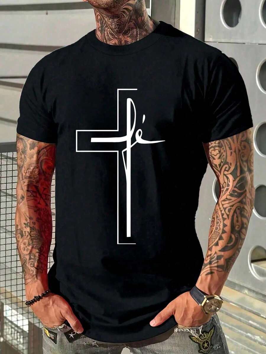 Summer Men's Crew Neck T-Shirts Gym Leisure Holiday High Quality Men's Shirts Cross Pattern Y2K Men's Clothing Festival Sweatshirt Men's Sets Gifts For Men - 黑色 - 查看 1