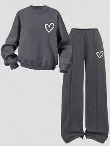 Tween Girl Cartoon Heart Pattern Print Crew Neck Long Sleeve Top And Long Pants - Dark Grey - View 3