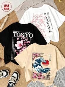 3 camisetas holgadas de manga corta con cuello redondo para mujer, con estampado de paisaje de flores de cerezo, adecuadas para salidas diarias, campamentos, conciertos, estilo hip-hop, rock - Negro - Ver 1