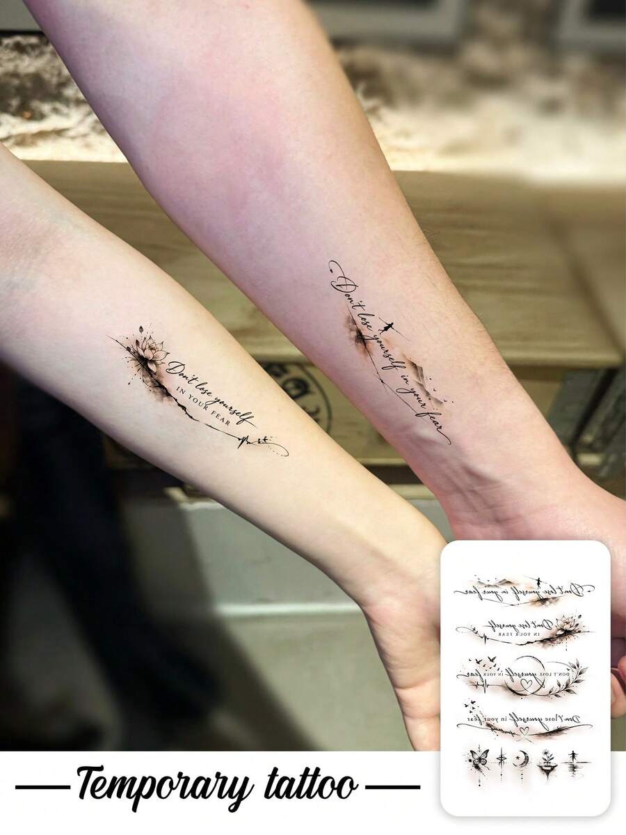 1片水墨風景畫結合蓮花、蝴蝶、星星與月亮元素。臨時紋身貼紙,逼真紋身設計。適合旅行、音樂節、遊戲、畢業禮物。可維持3-5天。 - 彩色 - 查看 1
