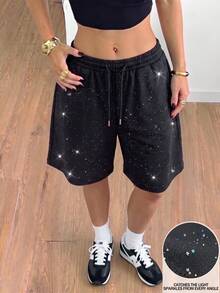 Quần short Bermuda nữ mùa hè kiểu dáng thường ngày, thoải mái, có dây rút, đính sequin, ống rộng, cạp chun, chất liệu mềm mại, có thể mặc nhà. - màu đen - Xem 3