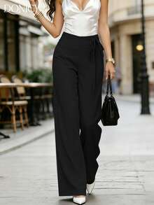 DONICY Women's Summer Black High Waist Side Tie Wide Leg Pants - Double Waistband Loose Flare Suit Pants, Suitable For Office Daily Wear - Black - View 6