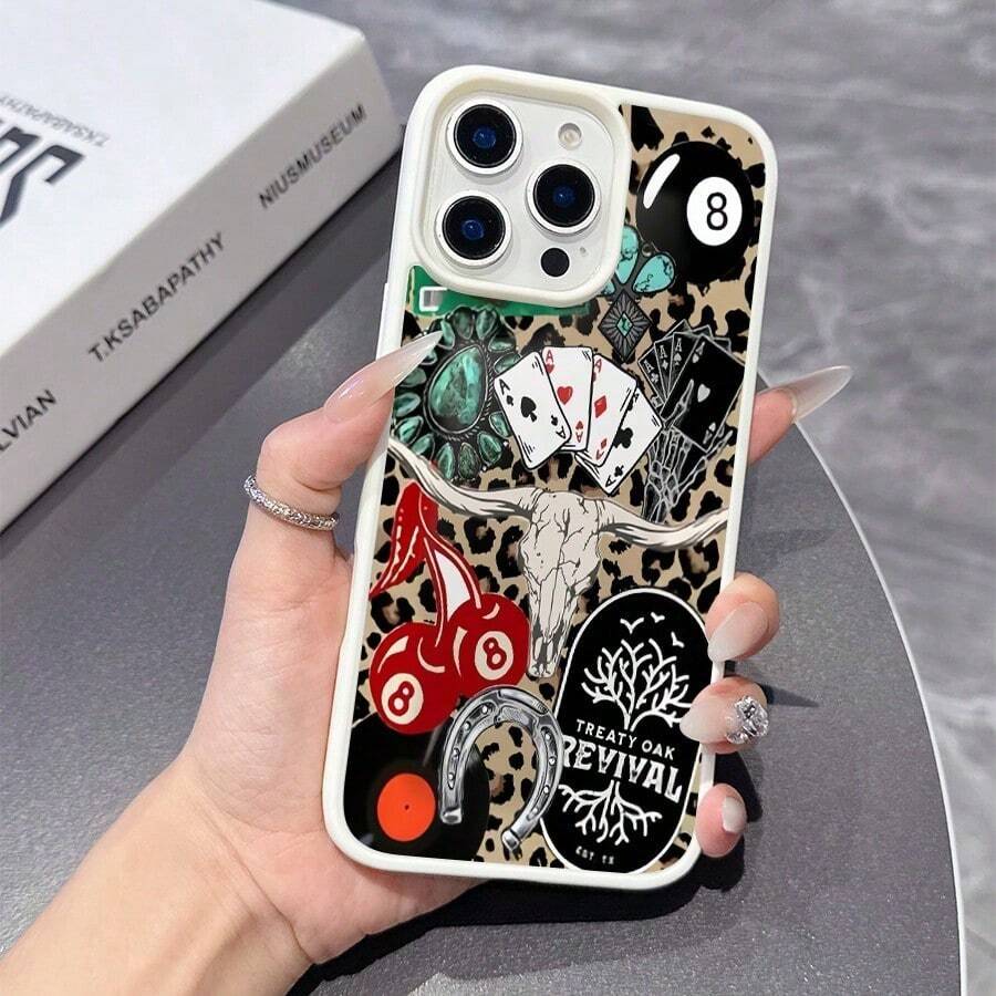 A Stylish Phone Case That Does Not Include A Lanyard Or Stand. Western Leopard Phone, Cherries Skull Horseshoe Vinyl Treaty Oak Revival With Country Rock Vibes, Now Aesthetic, 17 16 15 14 13 12 11 Pro Plus X, S25 S24 S23 S22 S21 Ultra - 白色 - 查看 1
