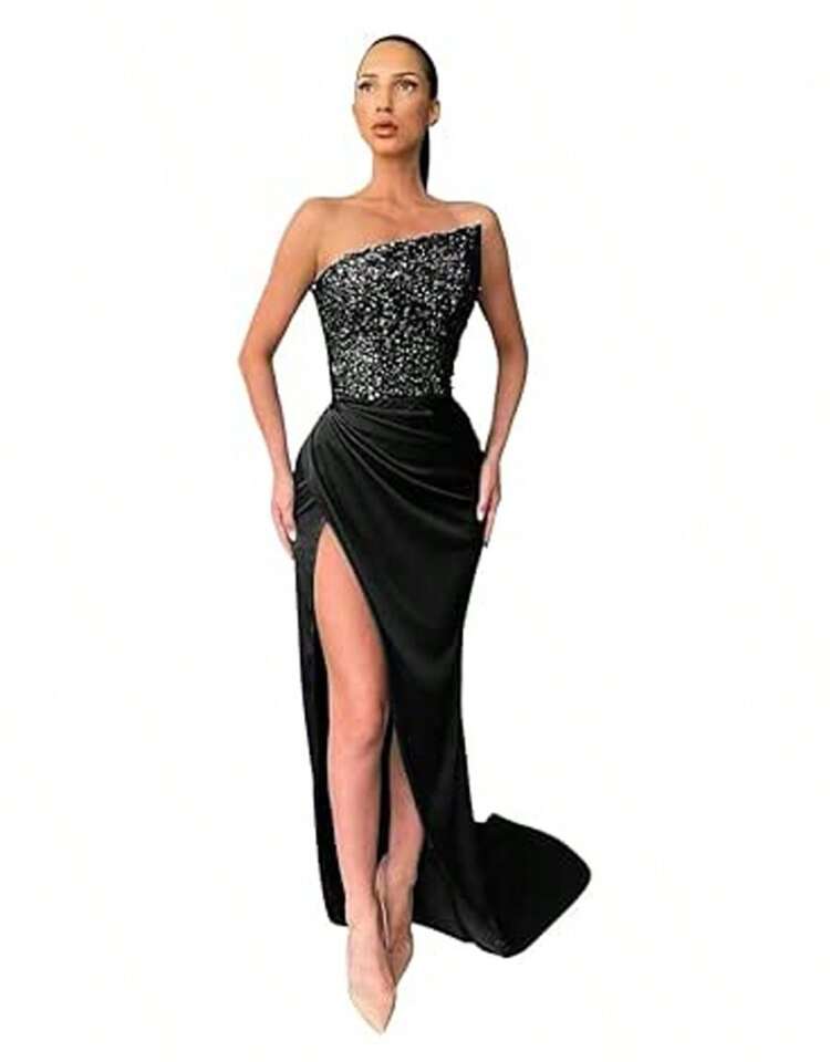 partyhardcore green dress Women Strapless Sequin Satin Mermaid Maxi Ruched High Slit Formal Gown For Wedding Party HARDCORE HANGOUT low_inventory_app