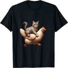 Chicken Shirt For Riding A Cat, Funny Chicken T-Shirt With Funny Letter Print - Black - View 2