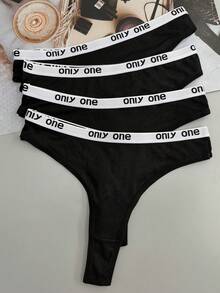 4pcs Women's Multi-Color Letter Print Comfortable Sports Fashion Thongs, All Season - Black - View 2