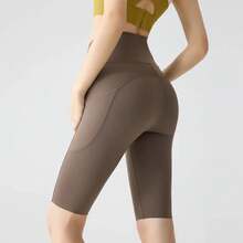 BIVIGAOS Sharkskin Yoga Shorts With Pocket, Summer Cycling Shorts, High Waist Slim Fit Push-Up Shorts, Nude Feel, Sports Shorts For Cycling And Fitness - 咖啡 - 查看 1