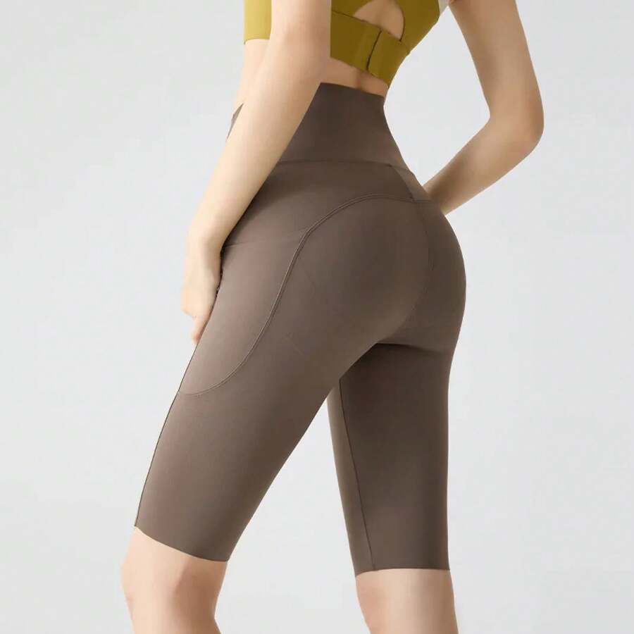 BIVIGAOS Sharkskin Yoga Shorts With Pocket, Summer Cycling Shorts, High Waist Slim Fit Push-Up Shorts, Nude Feel, Sports Shorts For Cycling And Fitness - 咖啡 - 查看 1
