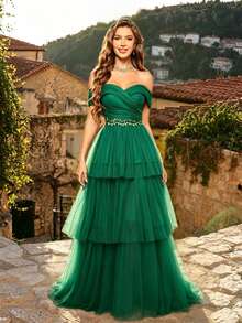 MGIACY Elegante Vestido Maxi de Tul con Hombros Descubiertos y Capas con Cintura Floral 3D para Mujeres Verano Boda, Prom, Fiesta, Vacaciones & Festival - Verde Oscuro - Ver 7