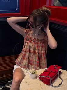 Retro-Style Plaid Camisole Top With Ruffled Trim For Women, Perfect For Summer. New Japanese Style Women's Top. - Red - View 2