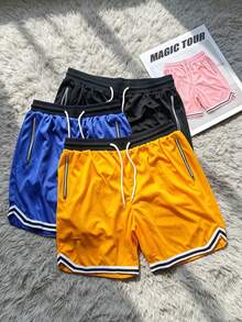Men's Loose Fit Basketball Shorts, Elastic Drawstring Waist, Zipper Pockets, Striped Hem, Breathable Fitness Training Casual Sports Knee Length Shorts - Yellow - View 3