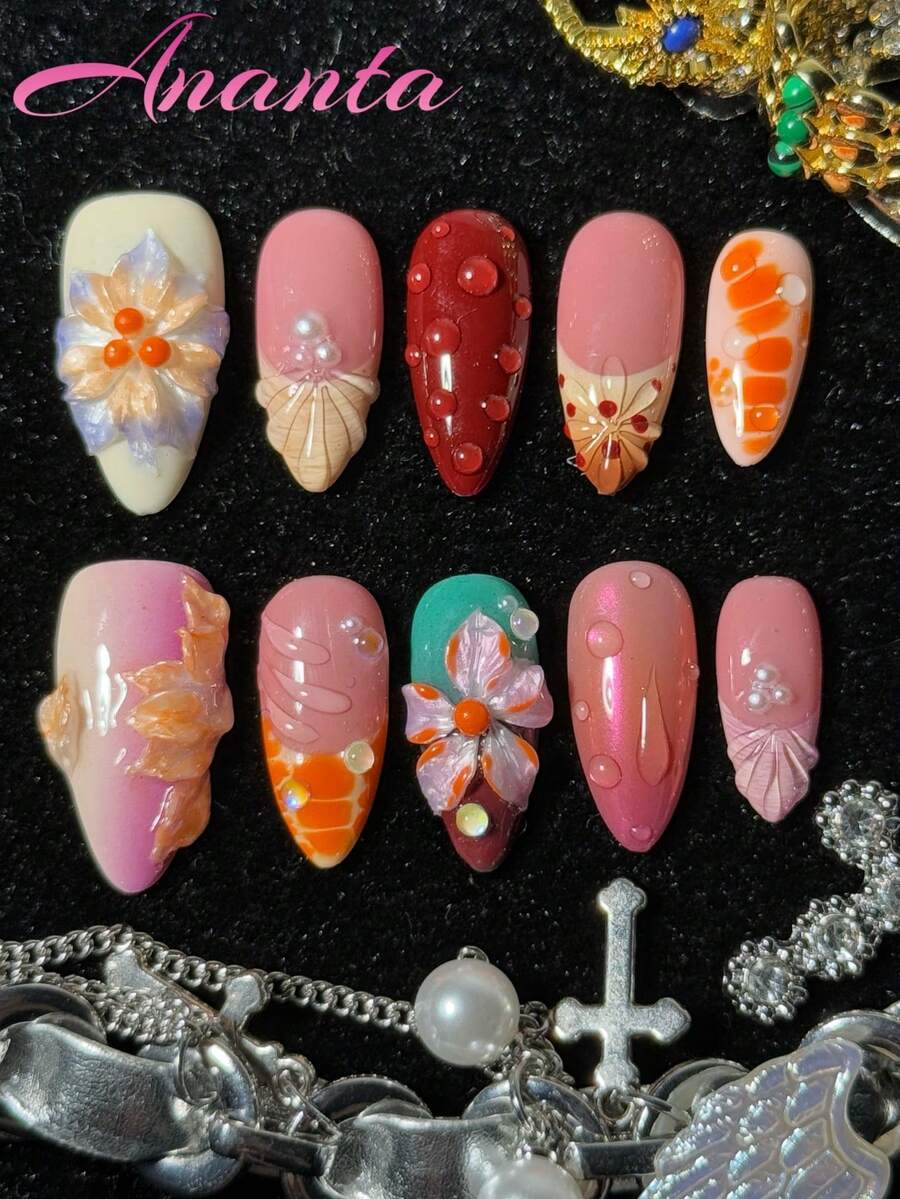 10pcs Almond Shaped Acrylic Press-On Nails, Handmade 3D Floral Design, Water Drop Shape, French Tie Dye Gradient Blended Nails, Summer Vibe Hot Girl Style, Wearable Nails For Party, Wedding, Daily Wear, With Tool Kit, Suitable For Girls And Women