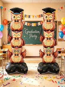 1 pieza Globo de aluminio con forma de búho apilado de 130 cm de altura con base linda, adecuado para decoración de fiesta de temporada de graduación - Ver 1