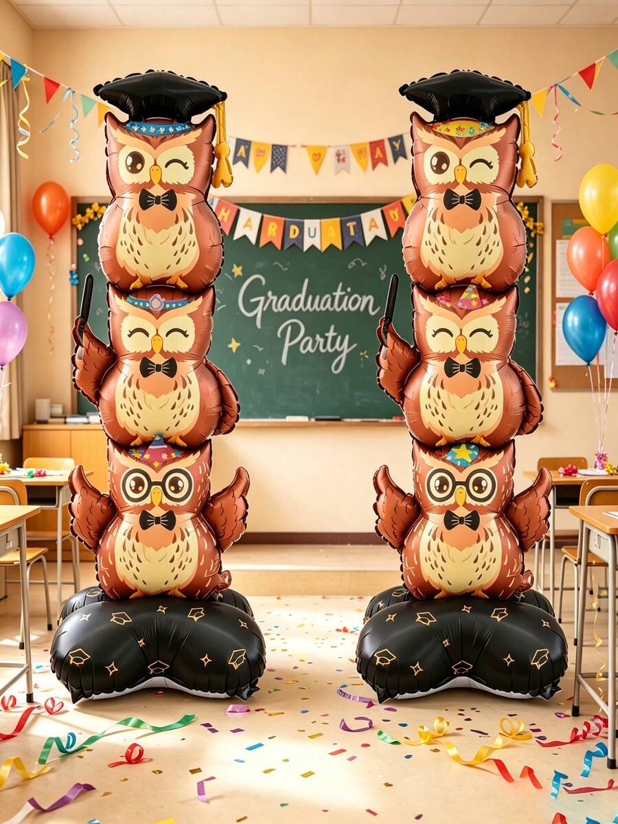 1 pieza Globo de aluminio con forma de búho apilado de 130 cm de altura con base linda, adecuado para decoración de fiesta de temporada de graduación - Ver 1