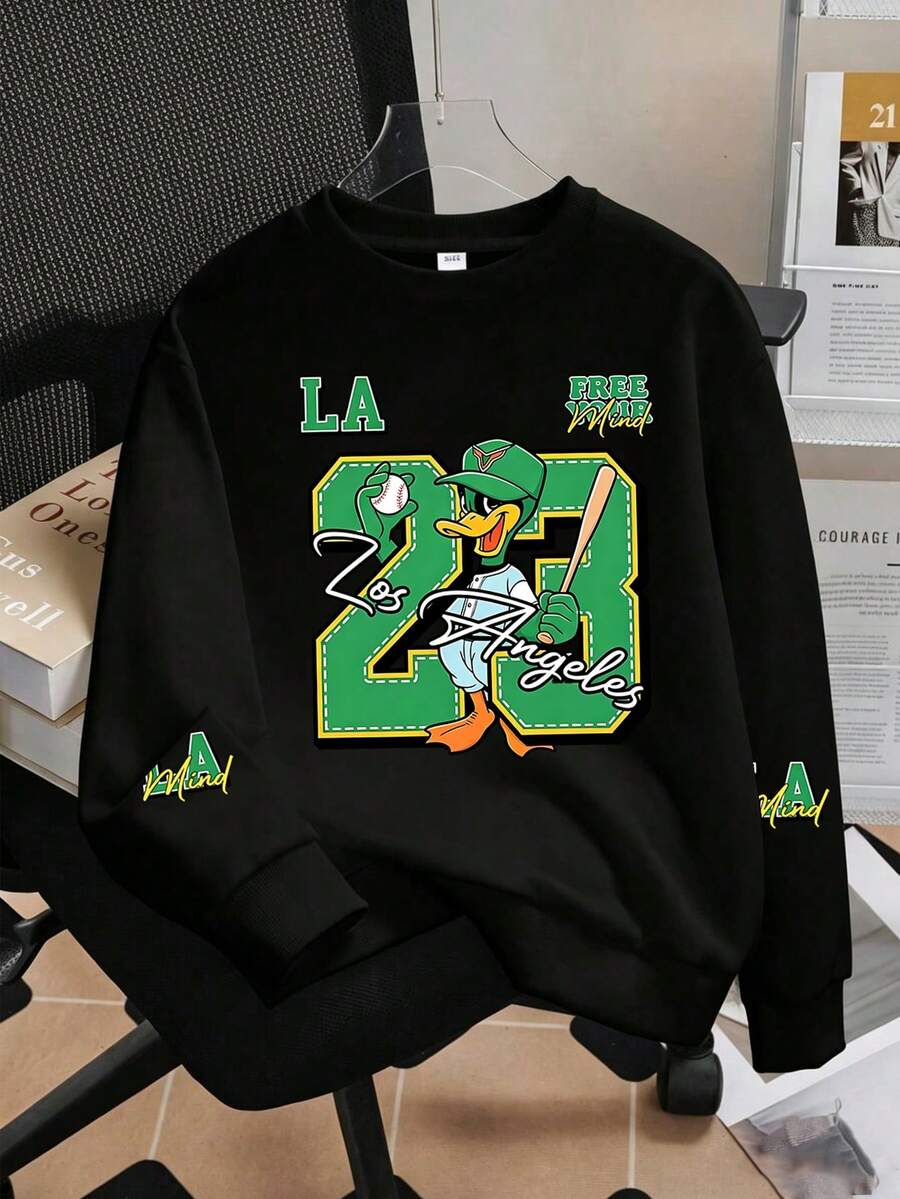 Teen Boys Digital "23" & Duck Print Crew Neck Loose Pullover Sweater, Y2K Cool College Style Top - Black - View 1