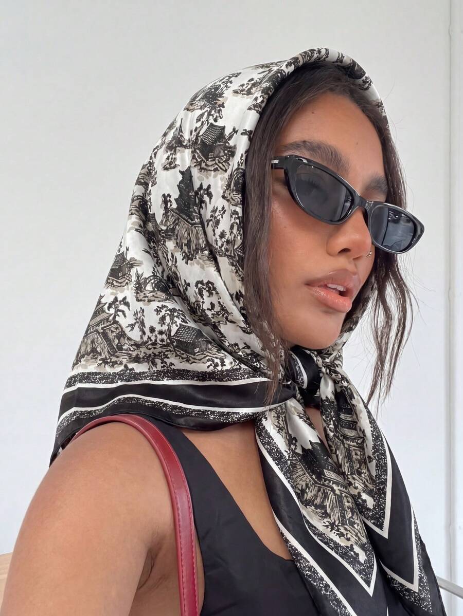 1 pieza Pañuelo cuadrado de seda sintética fina con estampado vintage elegante para mujer, estilo bohemio, pañuelo para el cuello, chal, pañuelo ligero y cómodo para la cabeza - Negro - Ver 1